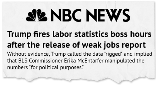 Headline: Trump fires labor statistics boss hours after the release of weak jobs report. Subtitle: Without evidence, Trump called the data 